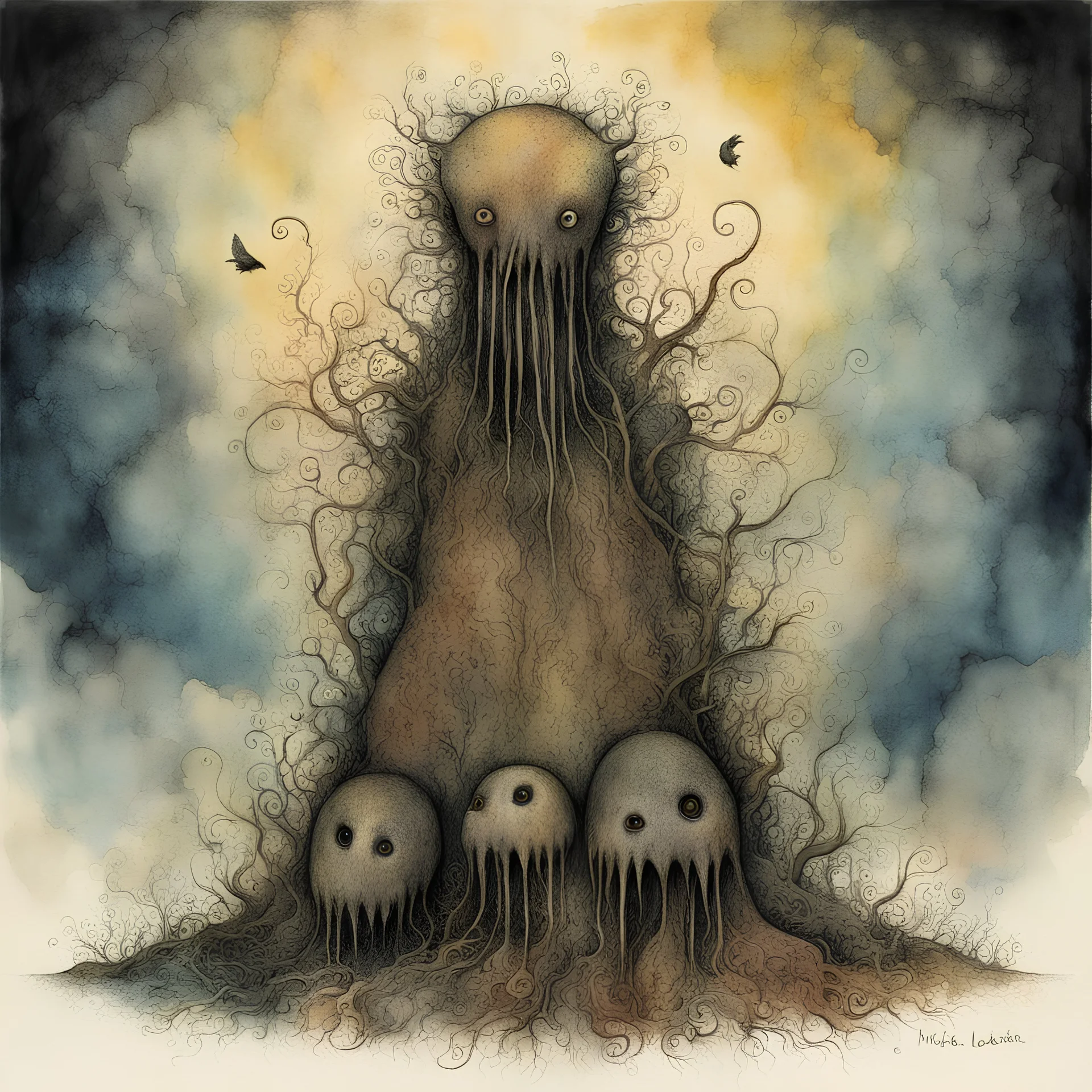 Master artwork by Michael Leunig and Gabriel Pacheco and Zdzislaw Beksinski, can you count the number of this beast?, watercolor and pen, creepy, sinister whimsy, surrealism, thick eerie colors