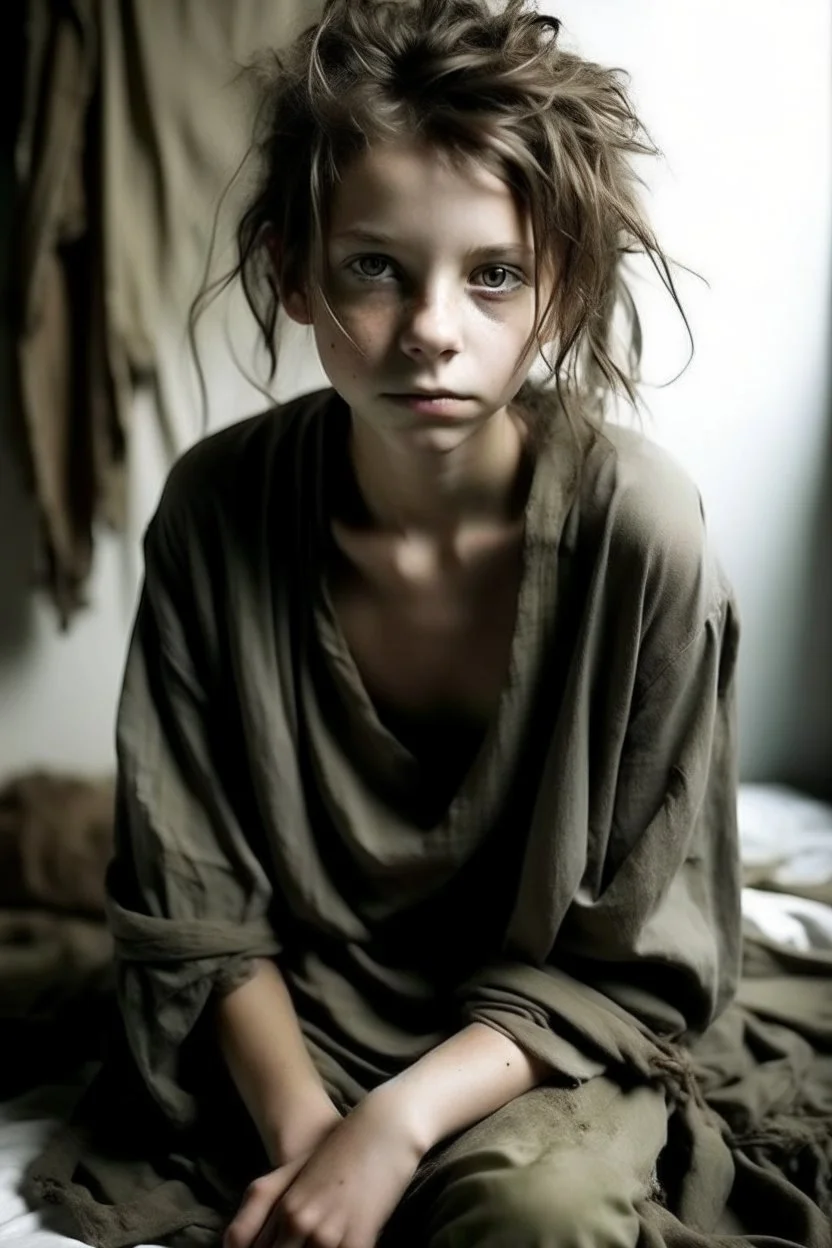 very thin 13 year old girl, dressed in rags, lon messy haircut, A Cure for Wellness style, full figure