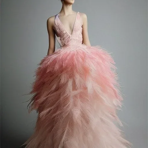 dress made out of feathers and tulle, stunning colors, beautiful lighting, delicate composition, aesthetic, ballerina, ballgown