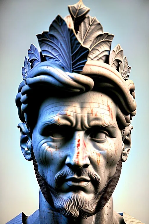 Ultra Realistic image, classical renaissance sculpture, white marble material, Lionel Messi god, Laurel leaves crown, miguel angel style, chisel style, emperor, waist up portrait, epic, celestial, cinematic lighting, God light, god rays, 4k resolution, smooth details, ornate details, soft lighting, unreal engine 5, sky background.