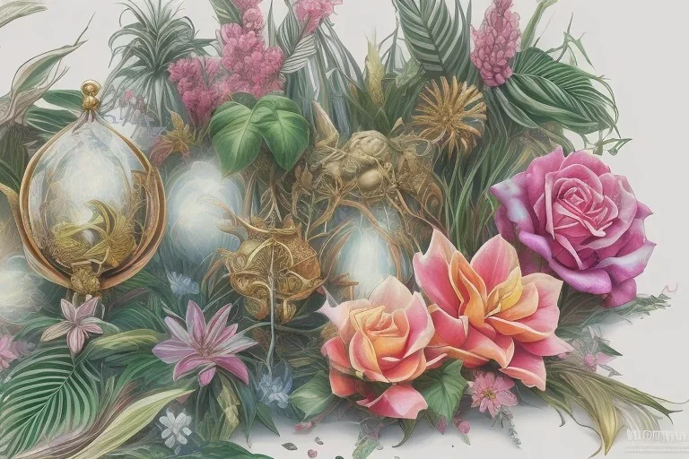 Tropical flowers, realistic heart drawing, crystals, tropical leaves, sacred altar, Fantasy home, cute animal.