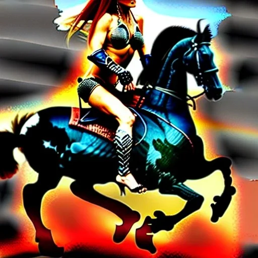 ultra detailed portrait of beautiful Red Sonja Riding a Black Horse and wearing a bikini plate armor, extremely detailed digital painting, in the style of Ken Kelly and A.J. Manzanedo and FRANK FRAZETTA and Simon Bisley and Ashley wood and Alex Horley, mystical colors, rim light, beautiful lighting, 8 k, stunning scene, raytracing