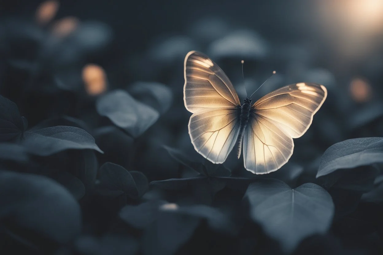 diaphanous transparent light butterfly with glowing center on dark grey leaves, ethereal, otherwordly, cinematic postprocessing, bokeh, dof