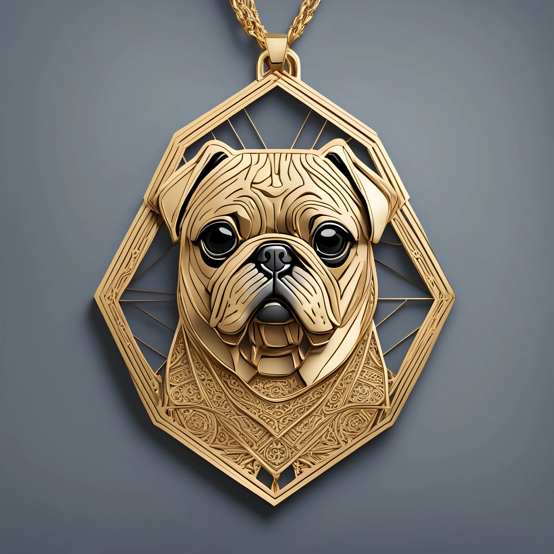 gold pug pendant, intricate 2d vector geometric, cutout shape pendant, blueprint frame lines sharp edges, svg vector style, product studio shoot