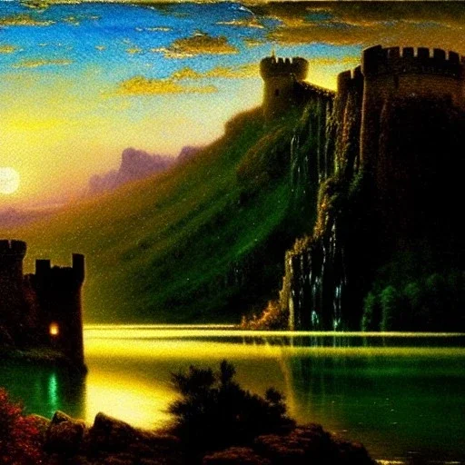 Drawing of 'Medieval Romanian Castle',mountain,lake,full moon, by gaston bussiere, greg rutkowski, yoji shinkawa, yoshitaka amano, tsutomu nihei, donato giancola, tim hildebrandt, oil on canvas, cinematic composition, extreme detail,fit full head inside picture,16k