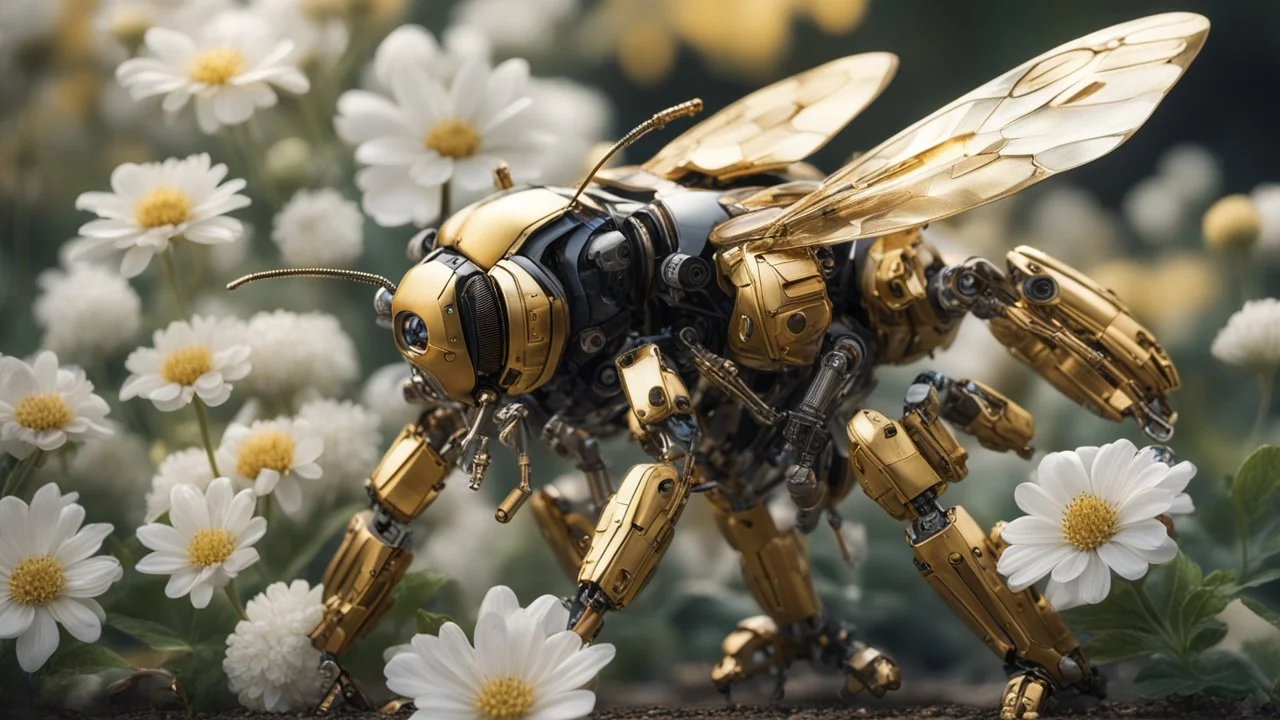 In a mesmerizing combination of brilliant and fading shades, photorealistic,an insanely detailed photograph of a nonhumanoid robotic bumblebee made of gold and other fine metals, collecting pollen from a white flower, the ((parts and mechanical workings are tiny and very delicate)), and the metal is very ((shiny and reflective)), set in a garden