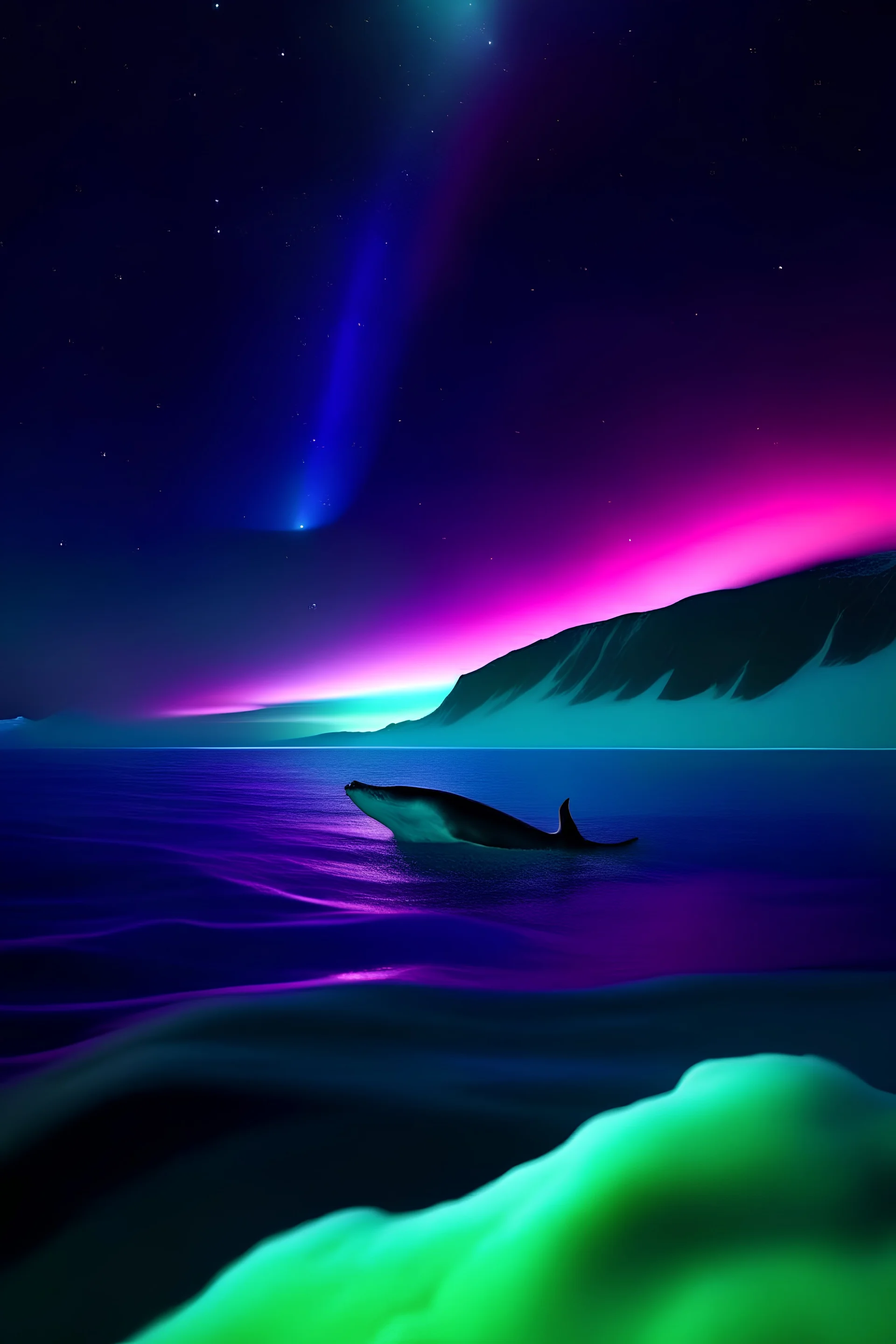 A unique photo of the sea and a whale in the northern lights in a violet-blue shade