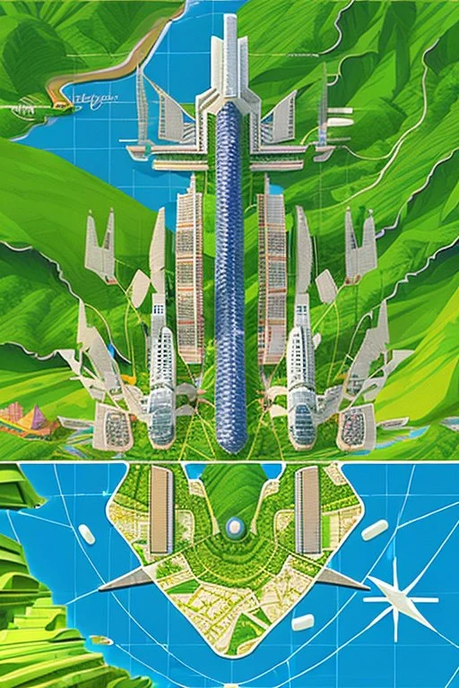 high detail map of an entire tropical dystopian small capital city