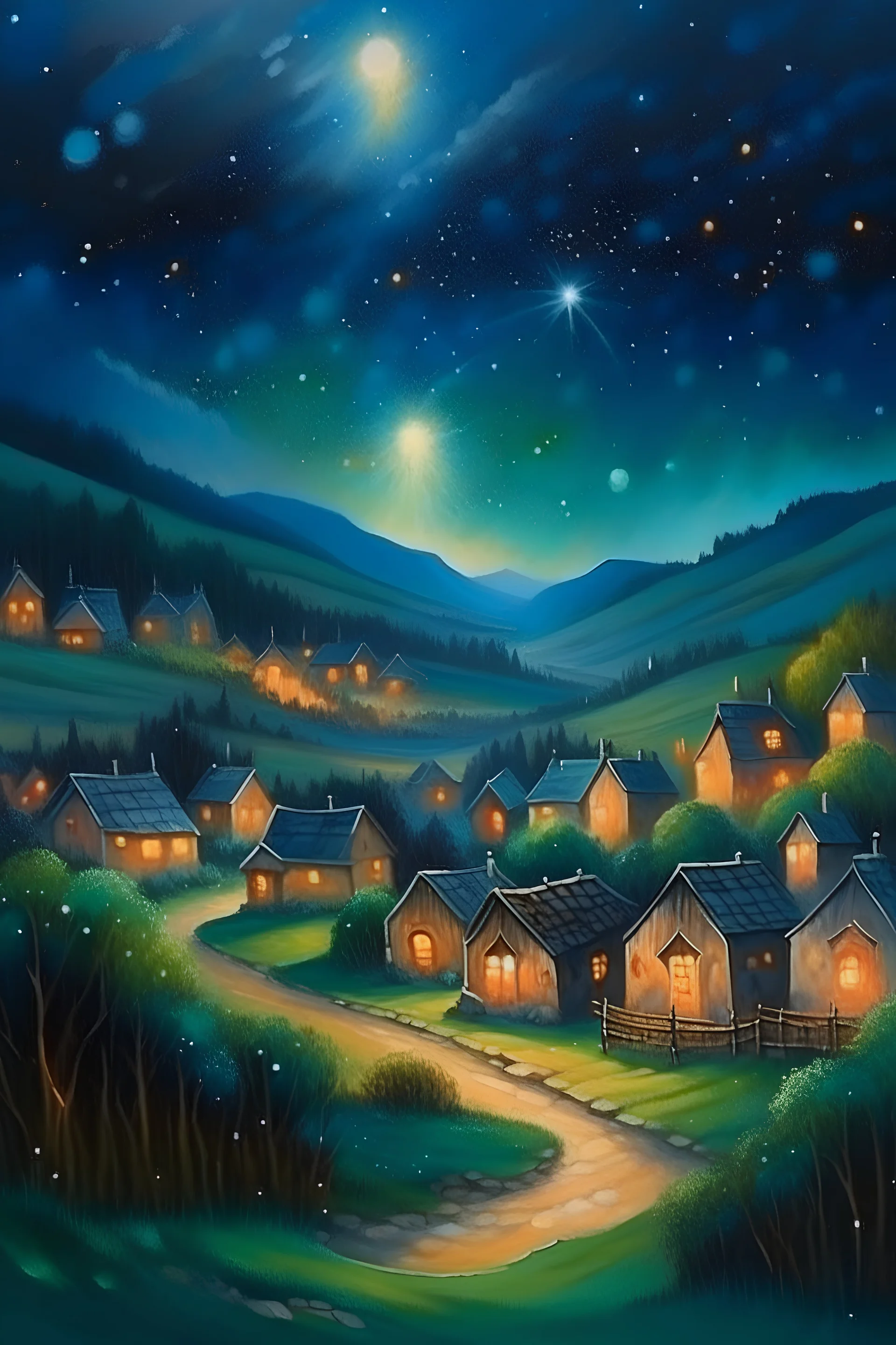 Quiet village under the exploding stars , oil painting on canvas