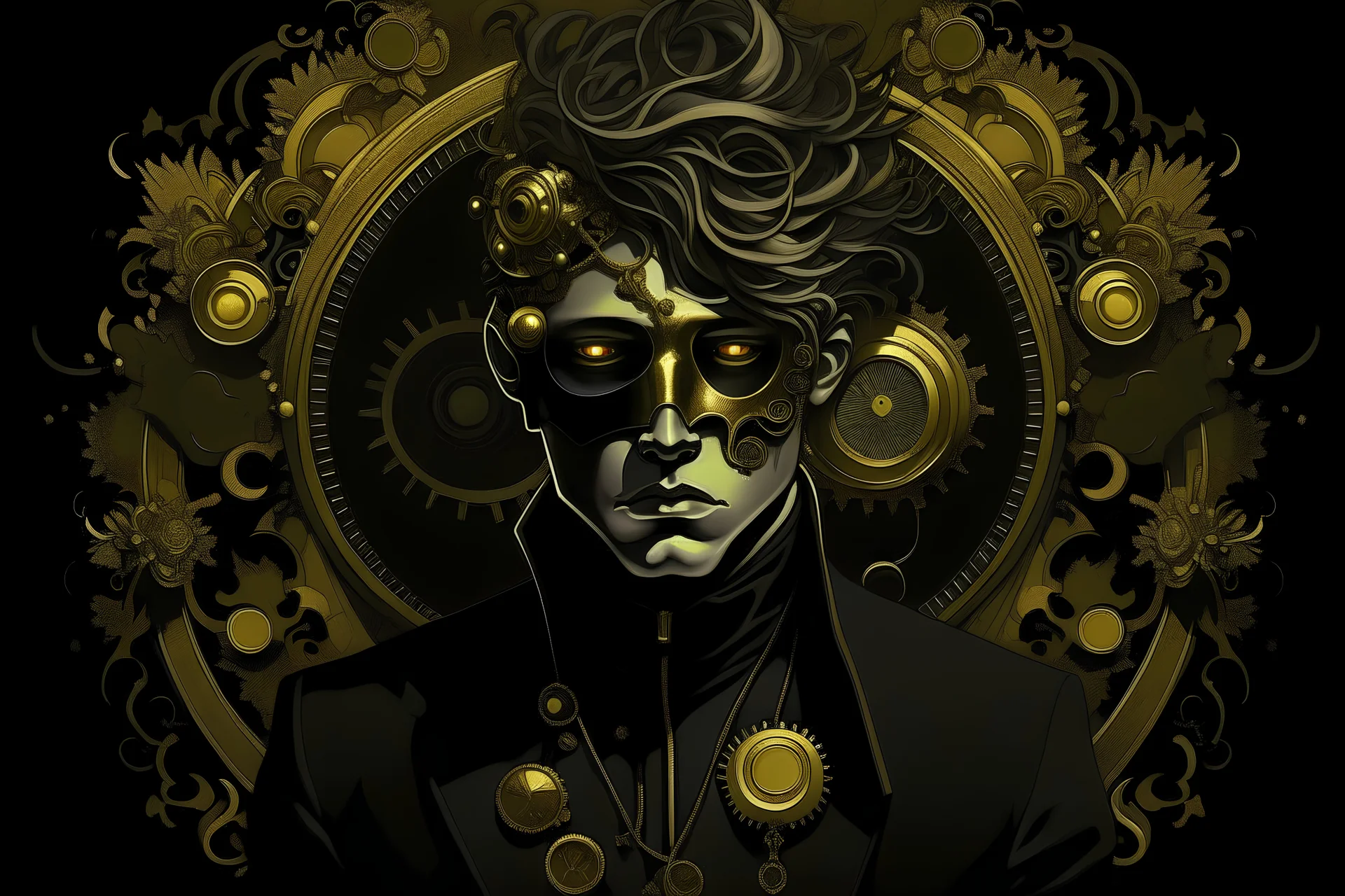 pale young man with osseous gold mask and dark clothes standing before clockwork gears and hissing steam, with no other people around, in the style of Alphonse Mucha, Raffaelle Monti, Antonio Corradini, and Gianlorenzo Bernini