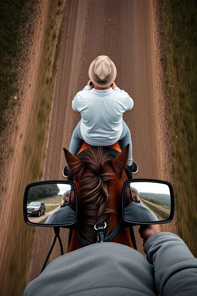 A man on horseback, top view, two car side mirrors are fixed on the horse sides in front. Camera view from the top to the horse rider and the hours including the two sides of the mirrors in front of the rider