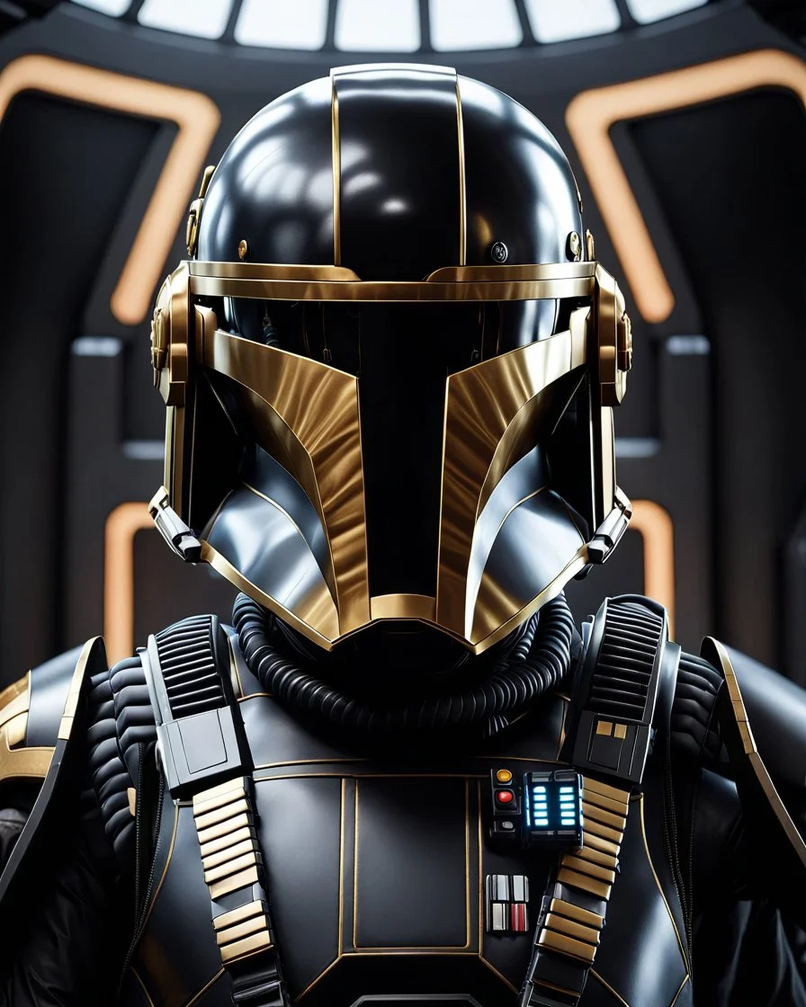 star wars bald male corellian pilot wearing dark gunmetal grey and black First Order special forces TIE pilot armored flightsuit and helmet with gold trim inside the jedi temple, centered head and shoulders portrait, hyperdetailed, dynamic lighting, hyperdetailed background, 8k resolution, volumetric lighting, light skin, fully symmetric details