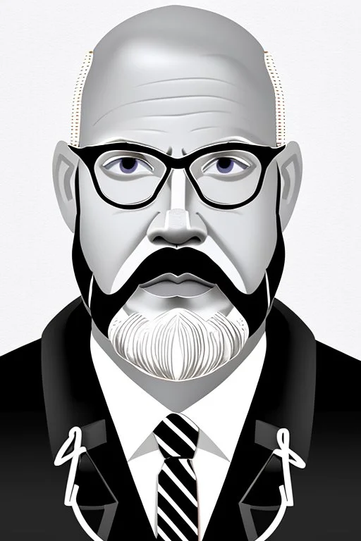 black and white,real estate agent,bald white male with thick grey beard,55 years old,metal wire frame glasses,, necktie,portly,detailed drawing,white background