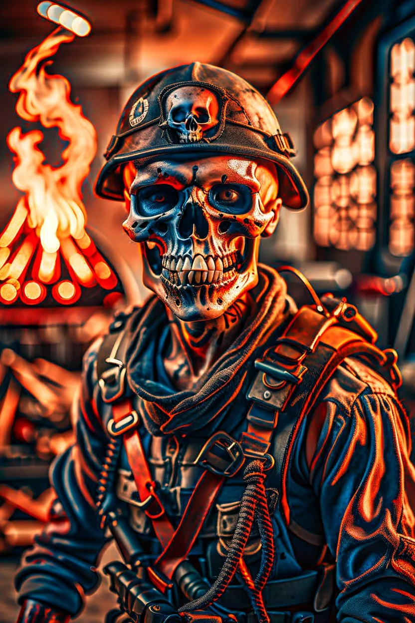 ultra high definition image of an attractive but scary looking skeleton, rising from the ashes, a war veteran, partially humanlike characteristics, army beret and ripped amo wear, very detailed, chaotic background, dramatic close-up action shot of him on a burned out war tanker with a torpedo on shoulder ready to fire and ammo ,gothic and dark theme, 12k