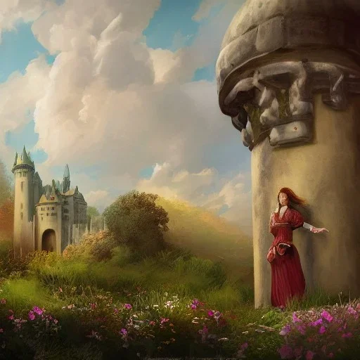 Epic Castle into sky, with flowers of fyre. Huge clouds and birds. Shy girl going out of the main gate. Detailed painting, sharp color, medieval, intricate detail, far sceen, realistic colors, medieval concept art. spring.