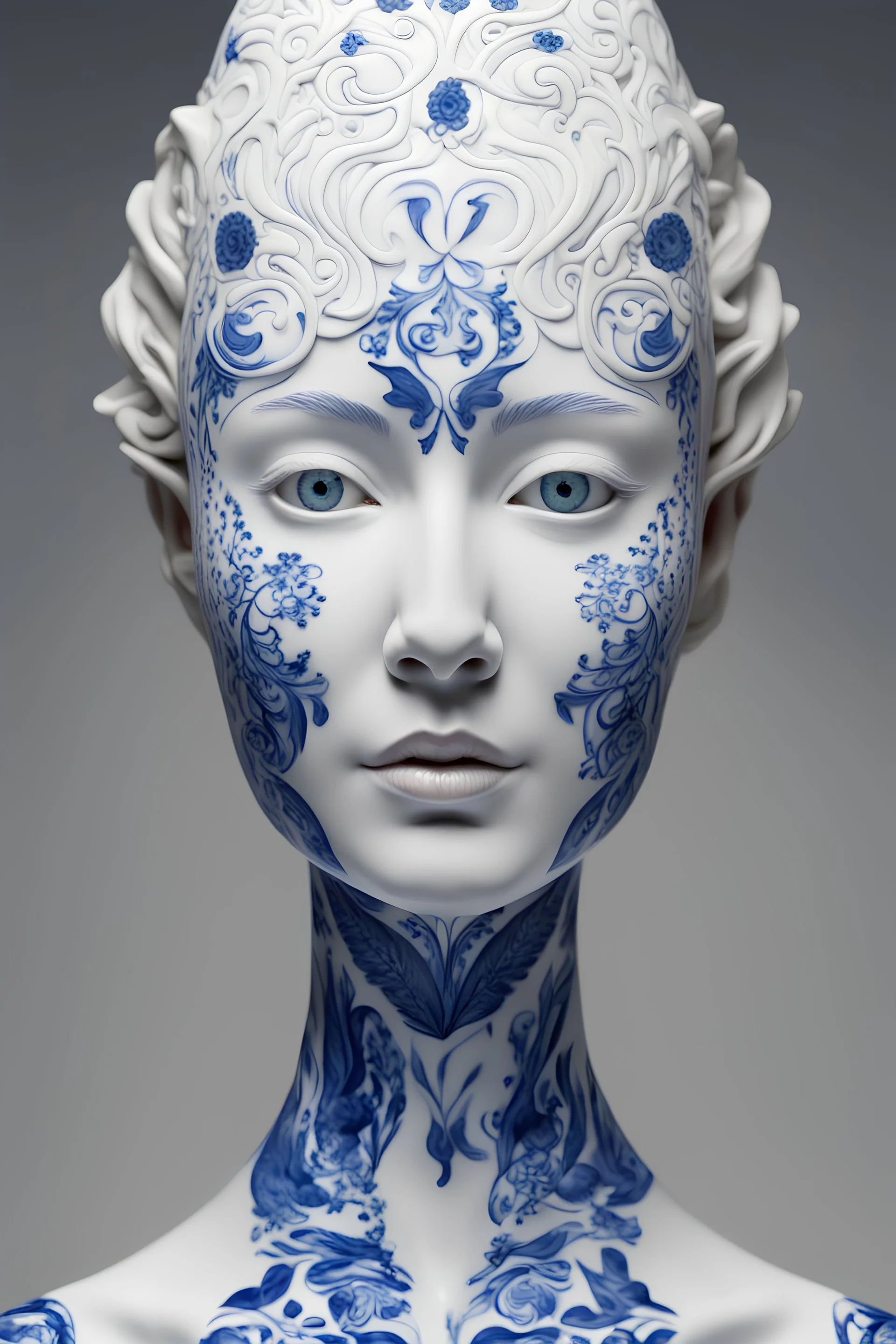 a woman made out of porcelain, in the style of balanced symmetry, white and blue, detailed facial features, organic forms, meticulous portraiture, complex patterns --ar 1:2 --stylize 350 --c 2 --v 6. 0