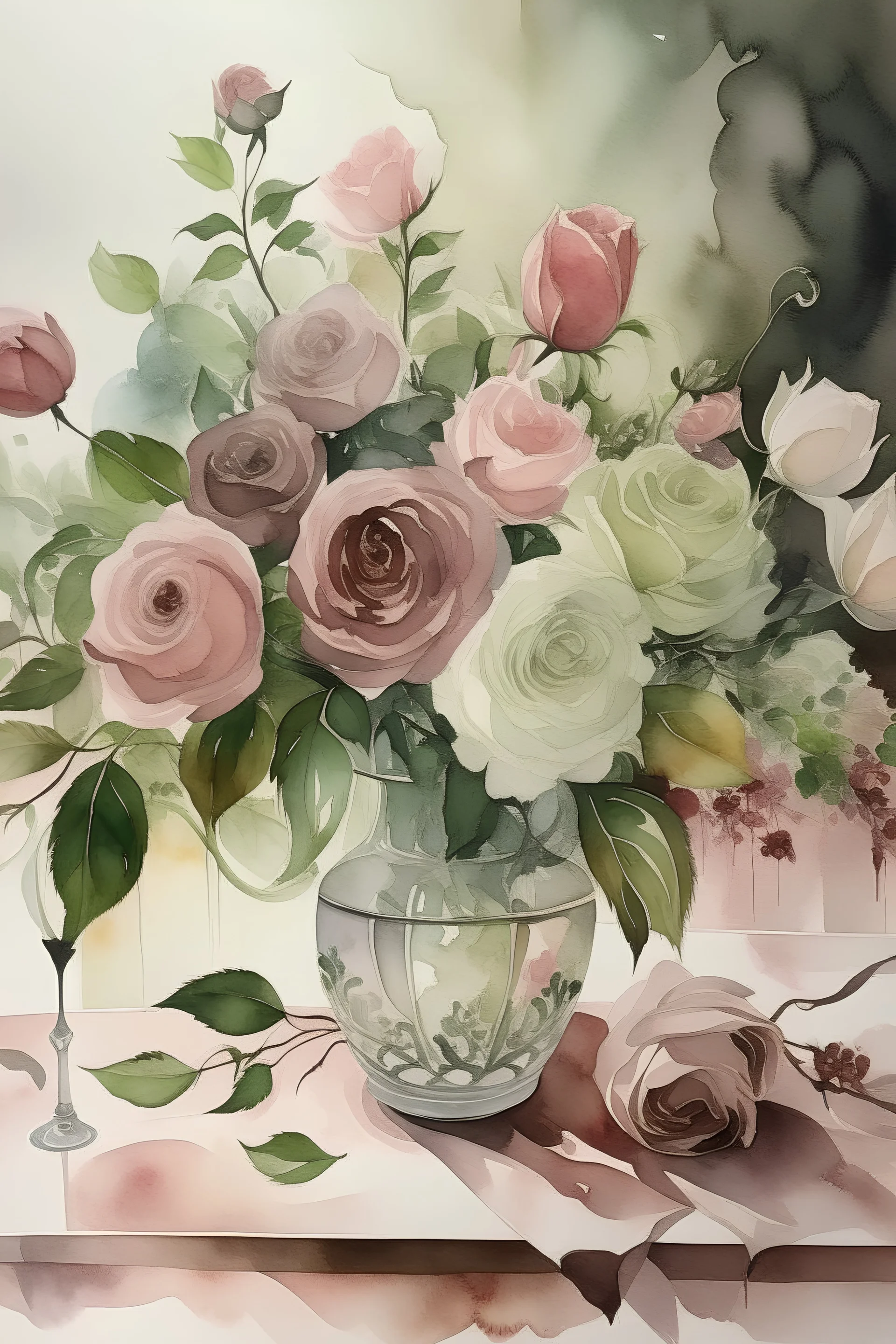 1. English watercolor, Smoky cream, pale gray, pale pink, pink background. bright light, a bouquet of roses on the table are pale pink, pale bordeaux, white, ochre. green stems, the light is translucent. Watercolor, fine ink drawing,