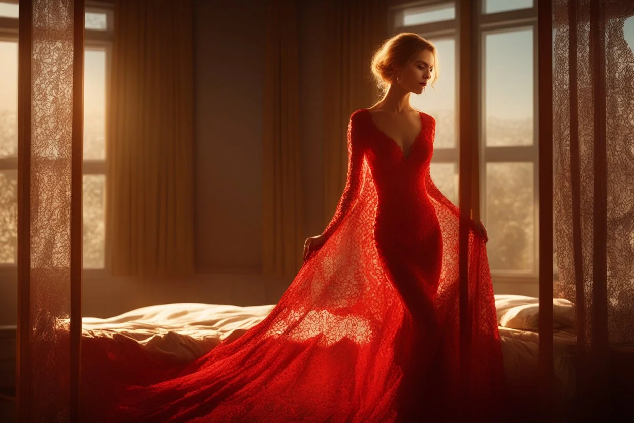 Through a lace curtain we see a mysterious beautiful woman with perfect face in red lace dress, backlit in a luxurious bedroom Nikon D850 highly detailed digital painting sharp focus elegant intricate photorealistic 4k very attractive beautiful dynamic lighting award winning fantastic view crisp quality Unreal Engine very cute cinematic postprocessing acrylic art in sunshine