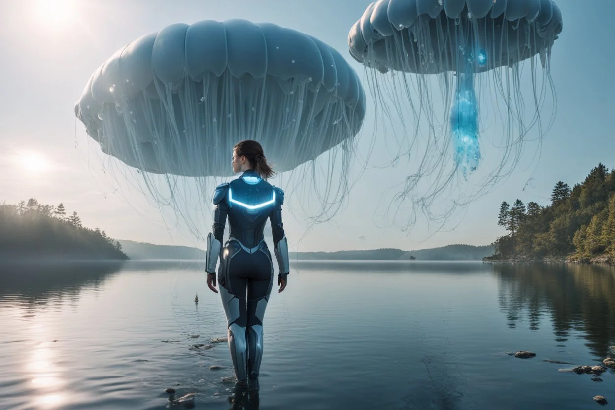 A young woman in an android suit, standing next to a lake, with jellyfish floating through the air.