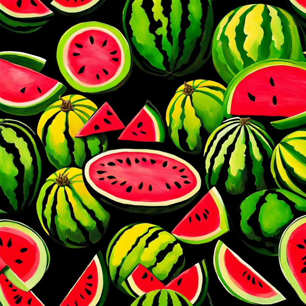 Still life oil painting depicting multiple vibrant watermelons against a dark toned background from a distance. Ripe and juicy, sliced open in several patterns, rich red interior visible, seeds visible, glossy texture, fresh green stems, contrasting bright colors, tropical fruit setting, artistic interpretation, detailed realism, bright colorful palette and paint texture, natural light, high resolution, Showcase texture and detail, by botanical painter. Blurred outlines.Looks delicious. Modifier