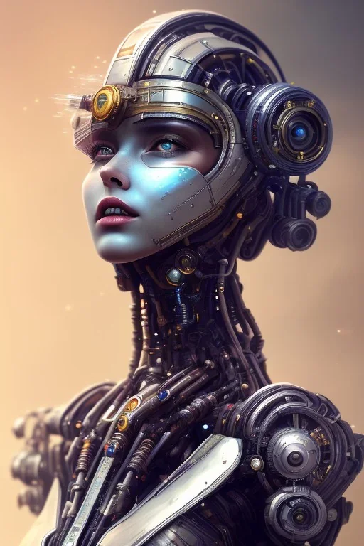 a beautiful full frame portrait digital painting of futuristic gaspunk robot, wide angle view, close-up, macro lens, centered camera, titanium accents, intricate details, small minutiae, tiny features, particulars, colorful, 8k, least ambient occlusion, volumetric lighting, volumetric clouds