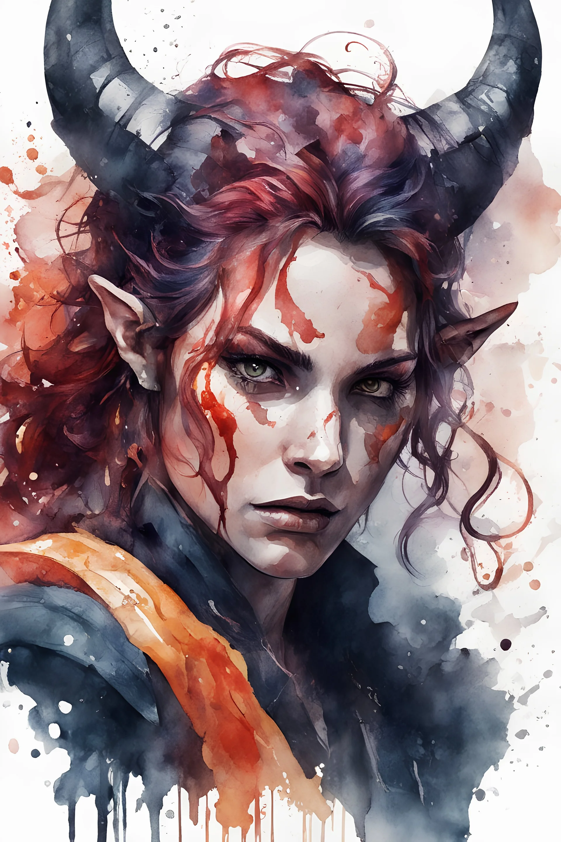 highly detailed, watercolor concept illustration of a female Tiefling rogue wander character , maximalist, sharp focus, highest resolution, in the style of Agnes Cecile, 8k, coarse, gritty textures