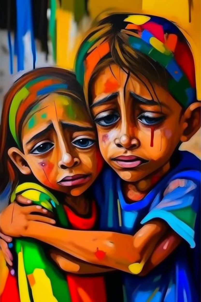 a girl hug her brother and both crying sadly, expressionism, Pixar style, in abstract art Basquiat, Picasso, Miro, Kandinsky, Klee, Birell, Fairey, Ardon, Buffet and Picasso style, HD --s 750 --v 5.1 --style raw, water color