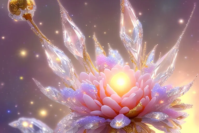 one big crystal subtle flower in a galactic ambiance, transparent petals, delicate colors, in the foreground, with a very little beautiful fairy, full of details, smooth, bright sunshine，soft light atmosphere, light effect，vaporwave colorful, concept art, smooth, extremely sharp detail, finely tuned detail, ultra high definition, 8 k, unreal engine 5, ultra sharp focus