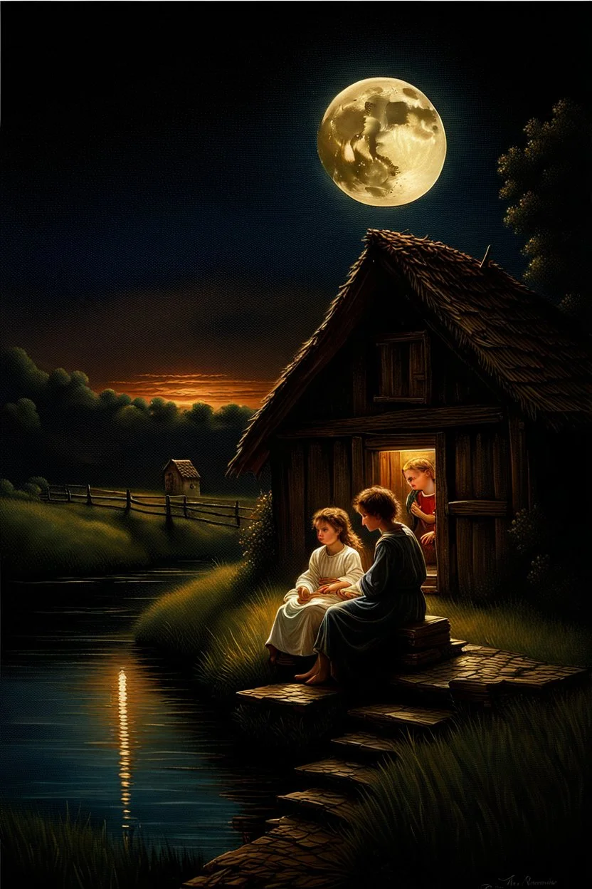 A medieval village, a river, a young boy and a young girl sitting outside a small farmhouse looking at the sky, in awe of God’s creation and God’s mighty power, Full moon, beautiful celestial sky, Milky Way, hyper-detailed art by Ivan Kramskoi. Modifiers: elegant intricate oil on canvas beautiful high detail award winning fantastic view crisp quality hdr Evolution steps: (See in details)