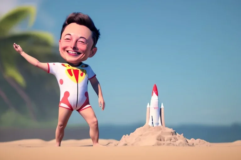 Elon musk as a 4 year old toddler building a Very tall rocket-shaped sandcastle on the beach. He is wearing a polkadot swimsuit