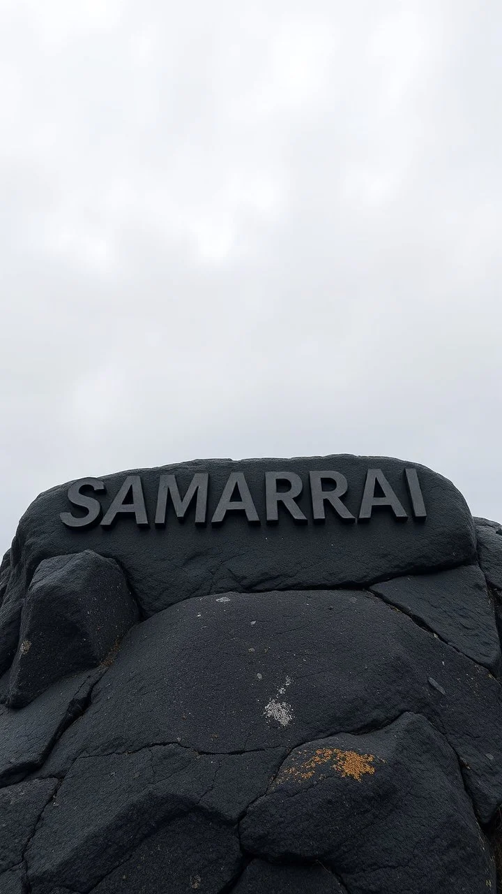 A dark granite stones on a top of a mountain carved a word “ SAMARRAI “ in 3D a cloudy and foggy sky