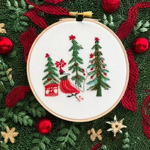 exquisite whimsical christmas in embroidery hoop, intricate, highly detailed, linen and wood backdrop