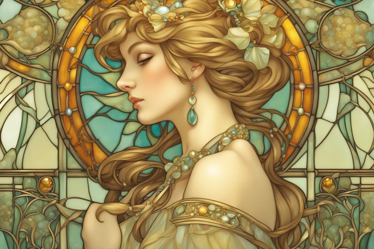 Stained Glass beautiful girl with jewels, pastel colors, in sunshine elegant extremely detailed very attractive beautiful dynamic lighting colourful Alphonse Mucha