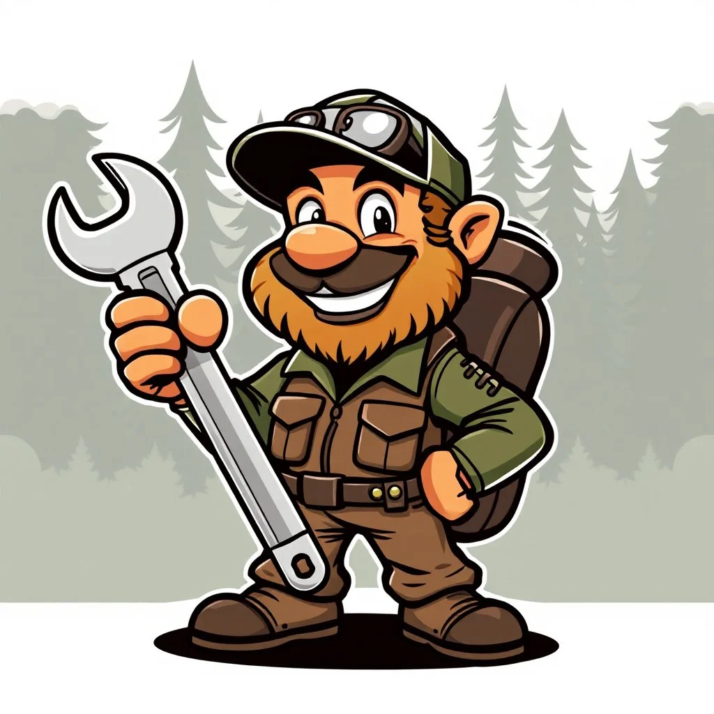 retro cartoon company mascot of a vehicle mechanic with a hint of forest ranger, holding a socket wrench.