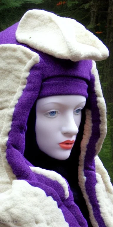 Caucasian white woman black hair. average body type. Mantle is sewed of recycled Denim and sewed together of camouflage pieces. Patterns are composed of orange, cream, blue, lilac and purple. blue latex gaiters. It is with big bright purple felt tippet and cream-colored-hood. mantle is merged with tippet. Big AKG-style headphones (gold rings!) is merged with small felt cap with small visor. Style: Haute Couture, 1920's, Paris fashion, late nineties, street art.