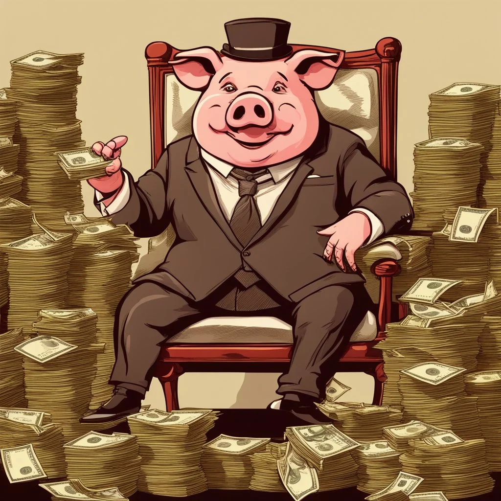 rich pig in suit on a throne making stacks of money by making a deal with a buisnessman. background of musicians