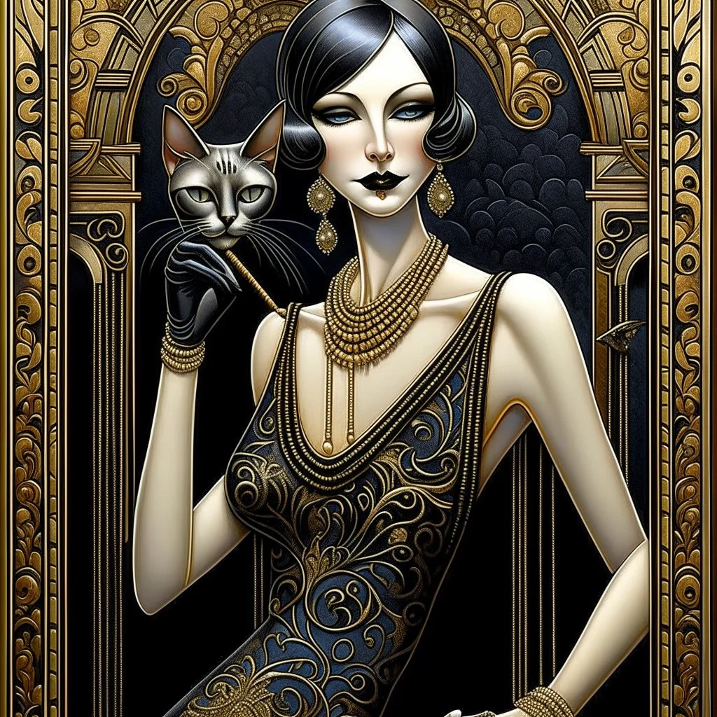 Mixed media, a tall beautiful woman with the head of a Siamese cat, wearing a black dress with pearls and long black gloves, she is holding a cigarette in a cigarette holder, background in the style of art deco Klimt, George Barbier, 3d, Bas relief, encaustic, gold leaf accents. Modifiers: highly detailed elegant dof fantasy portrait very attractive beautiful dynamic lighting 4K 3D crisp quality Unreal Engine very cute cinematic postprocessing pencil sketch Arthur Rackham Surrealism Gustave Kli