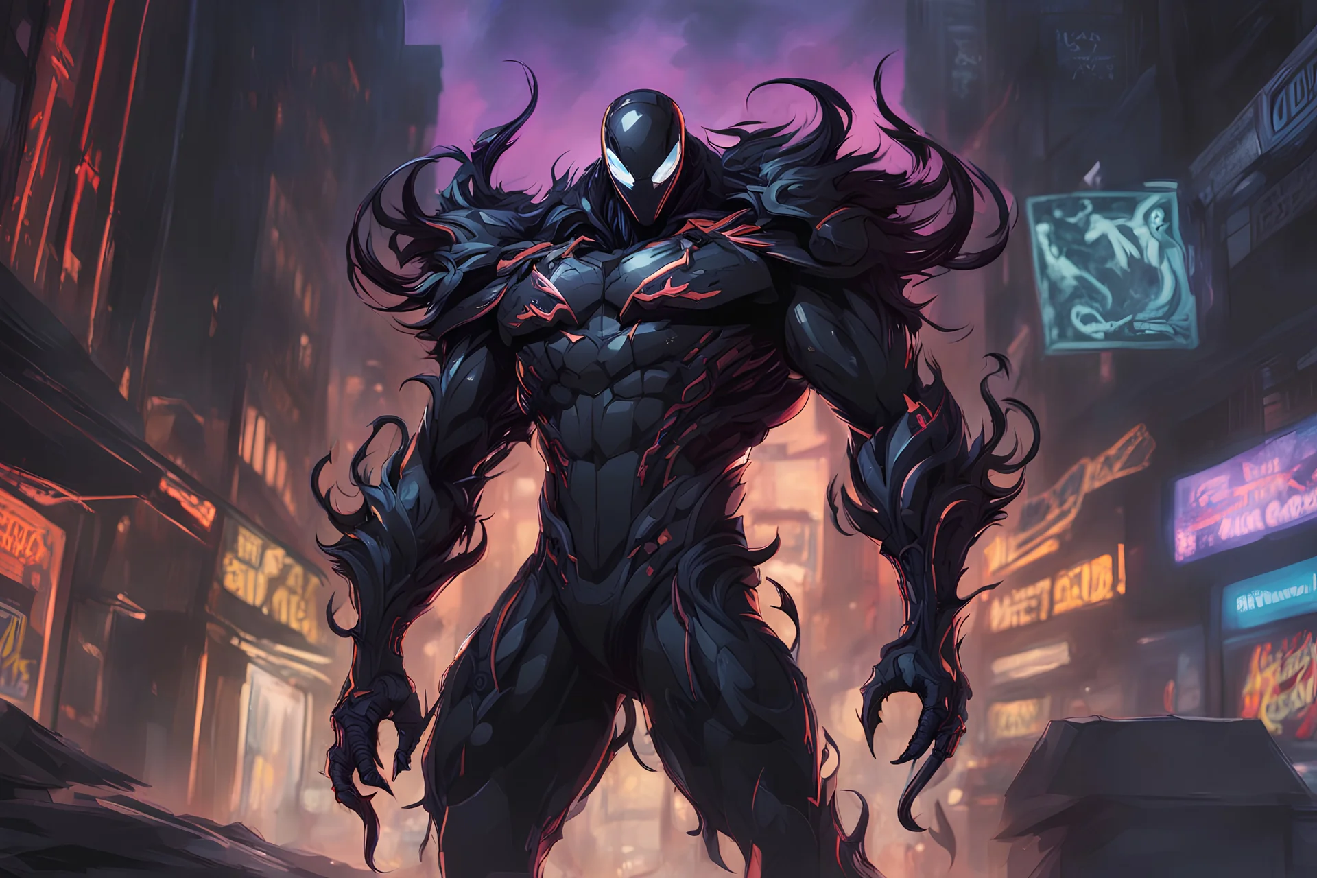 venom machine in solo leveling shadow artstyle, nightmare them, neon lights, full body, apocalypse, intricate details, highly detailed, high details, detailed portrait, masterpiece,ultra detailed,best quality