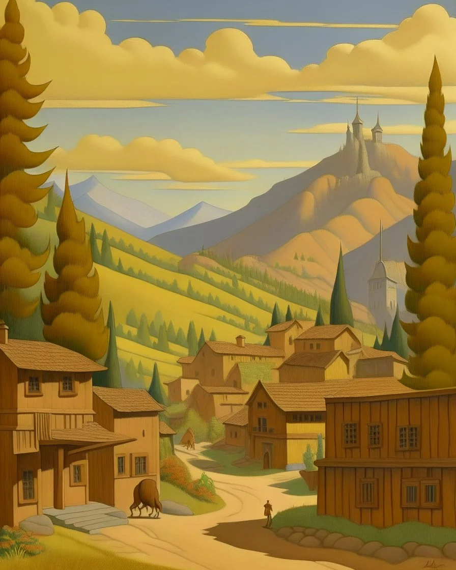 A grayish brown old Western town near the mountains painted by Paul Ranson