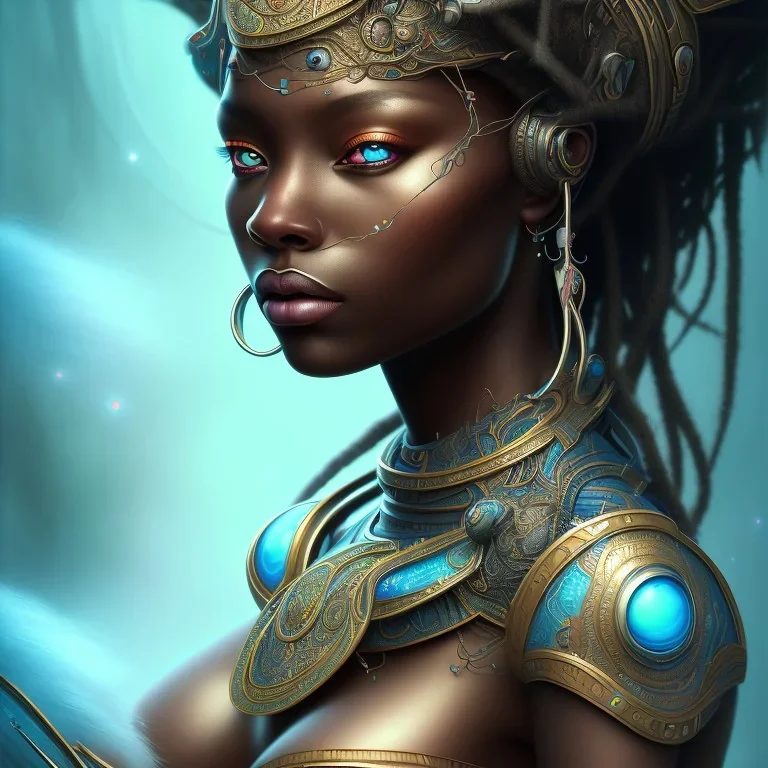 sango fantasy, fantasy magic, intricate, sharp focus, illustration, highly detailed, digital painting, concept art, matte, masterpiece head sexy view black African beauty black afro hair space lady turquoise carp skin African space landslide