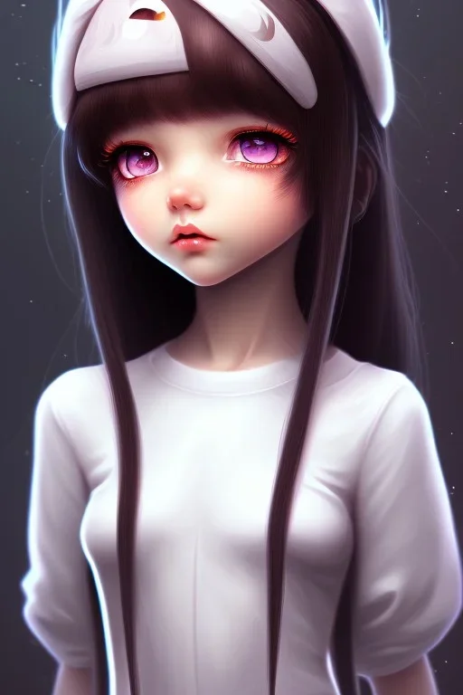 Loli, wholesome, innocent, long black hair, tilted head, brown eyes, close up