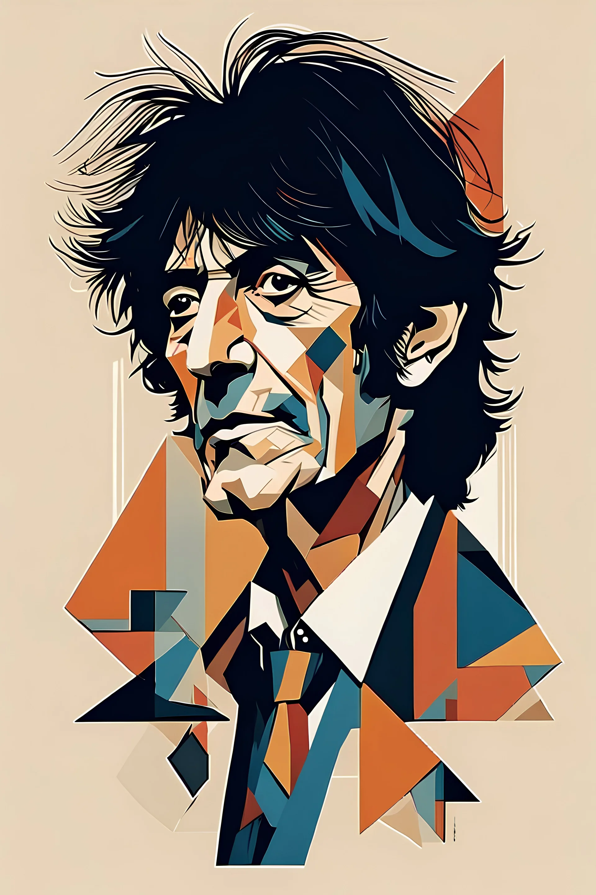 a highly detailed, abstract flat geometric portrait illustration of Ronnie Wood in the minimalist style of Willi Baumeister, Federico Babina and Petros Afshar, sharply detailed and finely lined, in vibrant natural colors