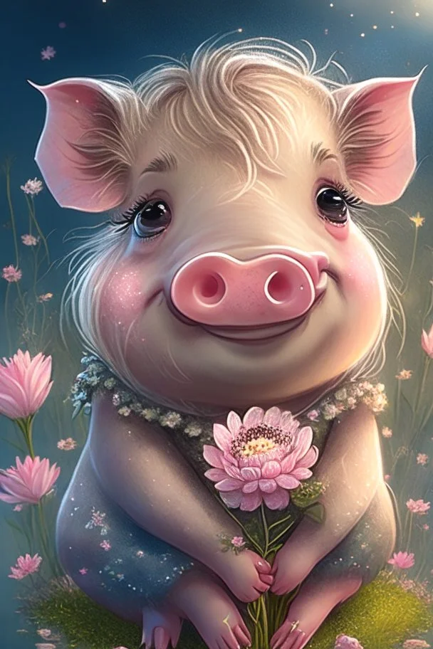 Happy and cute Scottish Highland pig with dreamy sparkling eyes, gender girl, 4K resolution quality, sitting and holding a flower, nursery art, very beautiful and highly polished, with full details, smooth edges, soft hair and cotton O, flawless facial features, stunning, whimsical fantasy, beautiful, detailed, well-rendered, cartoon, illustration