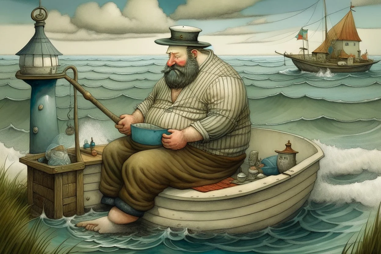 A fat man wearing a hat, is in a bath tub, by a light house, by andrea kowch, holding a umbrella, inspired by andrew wyeth. A rustic harbour, with ships docked is nearby. The Beach is covered with sea shells, crabs and lobsters.There are rain clouds and everything looks as if done in watercolors victo ngai, matisse, monet, catrin welz-stein, vladi