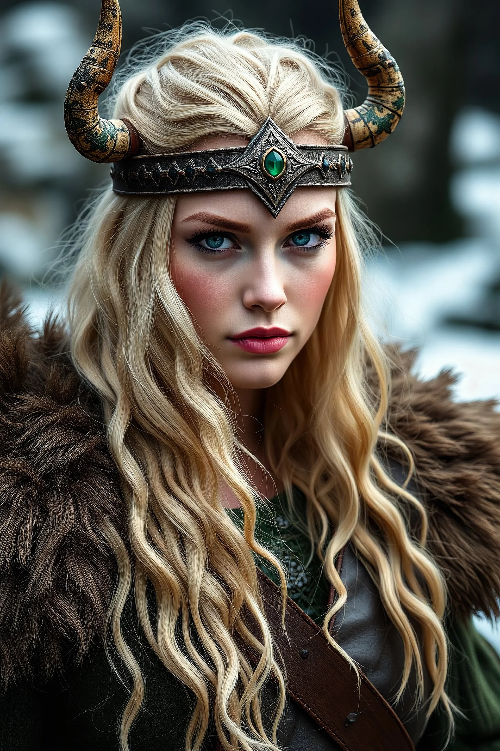 Blonde haired woman viking with green