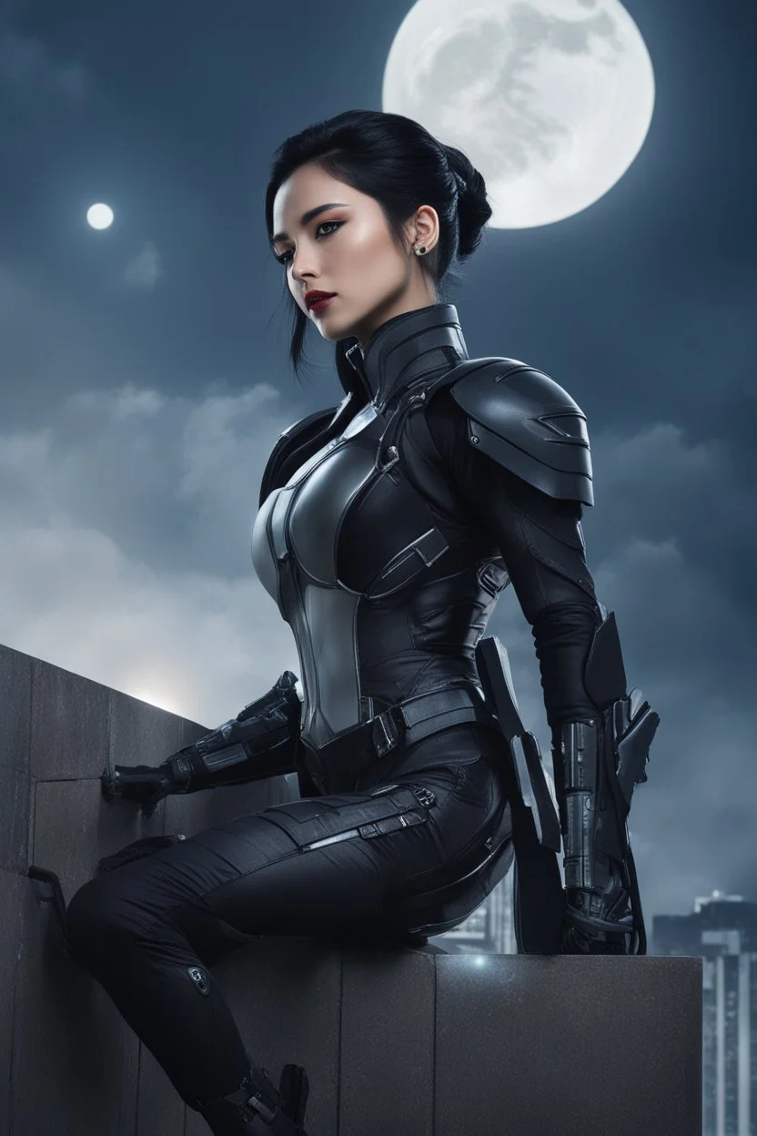 Fantasy Photo Of A Woman With Black Hair, Wearing A android-looking suit, standing sideways On A Ledge of a building, With A waning moon Behind Her Head