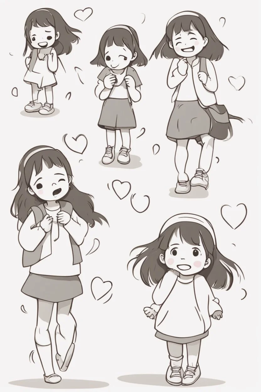 Little girl characters expressing different emotions, such as happiness, surprise, and curiosity. Use heart shapes to depict various facial expressions.,very happy , Colloring page for todlliers ; basic hawali style cartoon , black and white , ink outlines , , smooth , anime style , minimalist , cute eyes , full body , white shose , sketchbook , realistic sketch , free lines , on paper , character sheet , clean line art high detailed