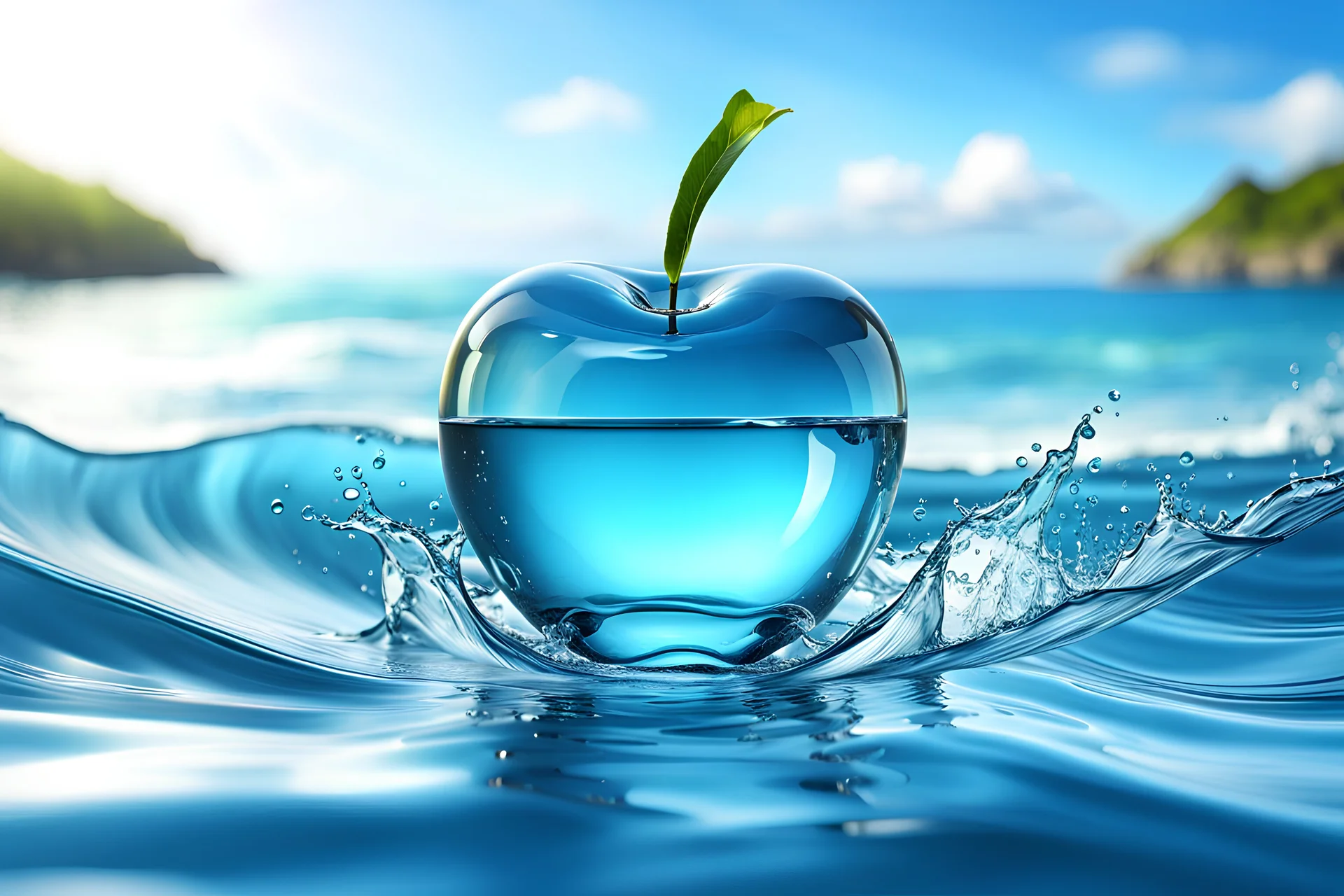 A perfect transparent glass apple, floating on the ocean waves of a beautiful blue ocean, water splashing, crisp quality high definition realistic professional award winning digital art