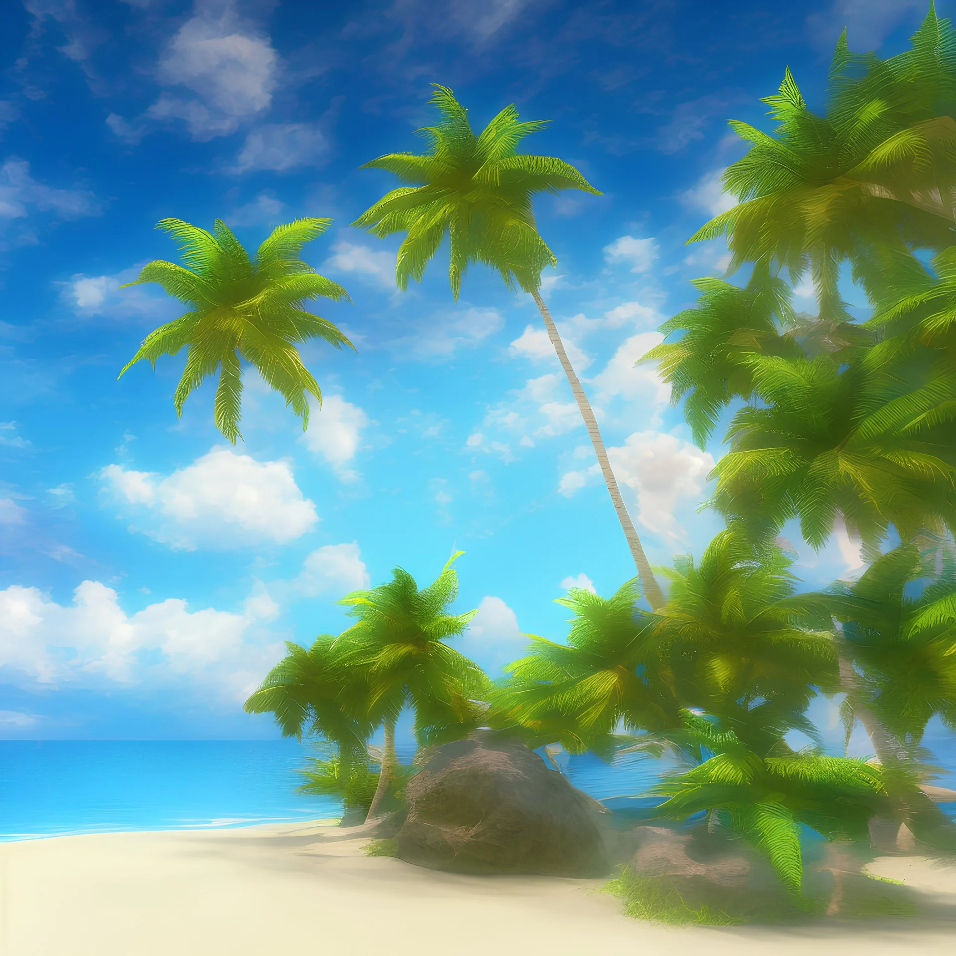 9. Generate an image of a sun-soaked beach with palm trees and crystal-clear water