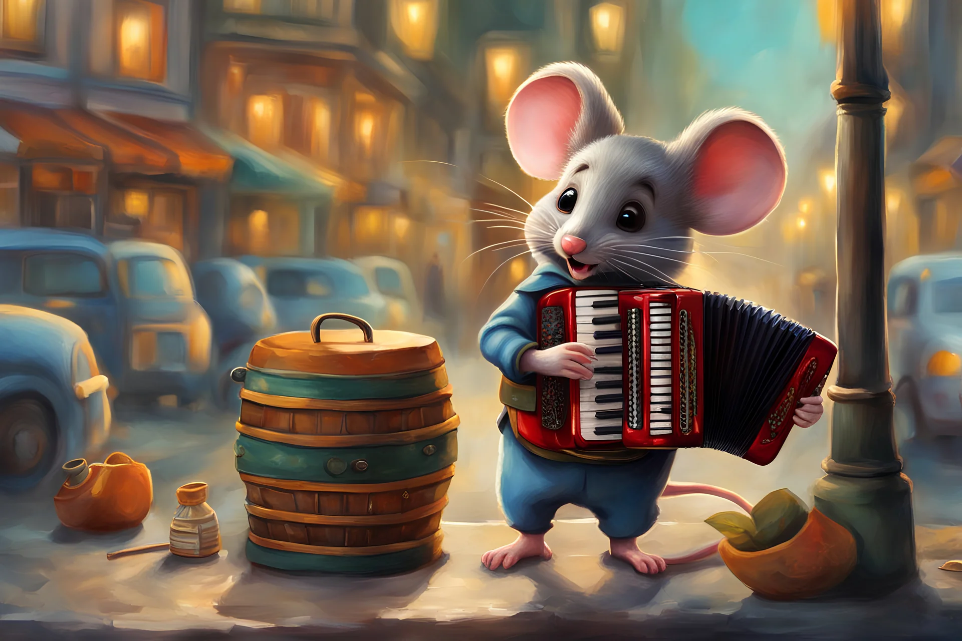 A street scene where a cute mouse is a street musician playing accordion :: 8K, humouristic art, cute, colorful, saturated triadic colours, volumetric lighting, glossed thick brush of watercolor, hyperdetailed, award winning, crisp quality